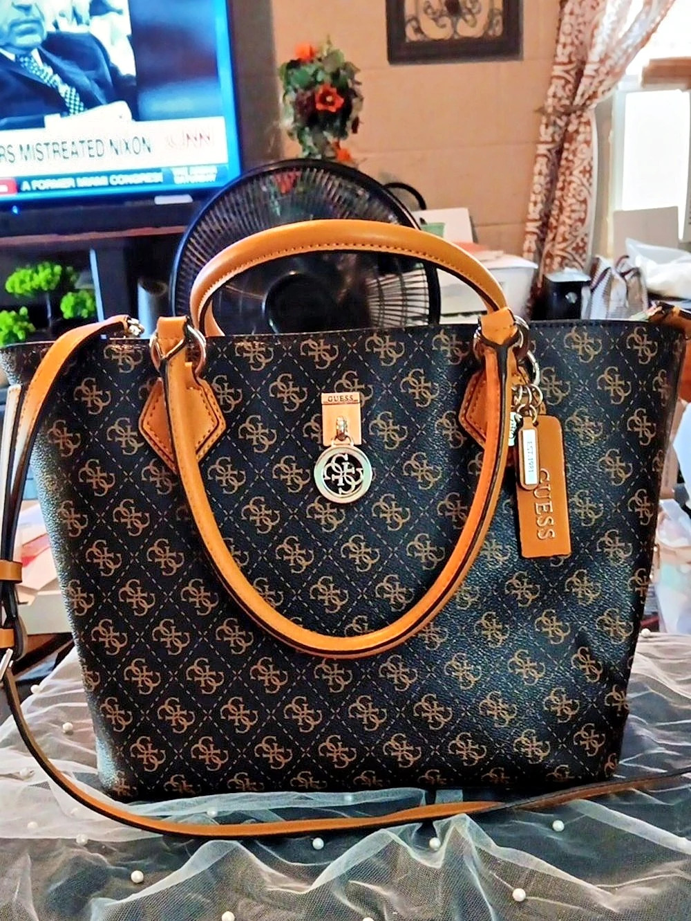 GUESS Monogram Tote in Black & Brown